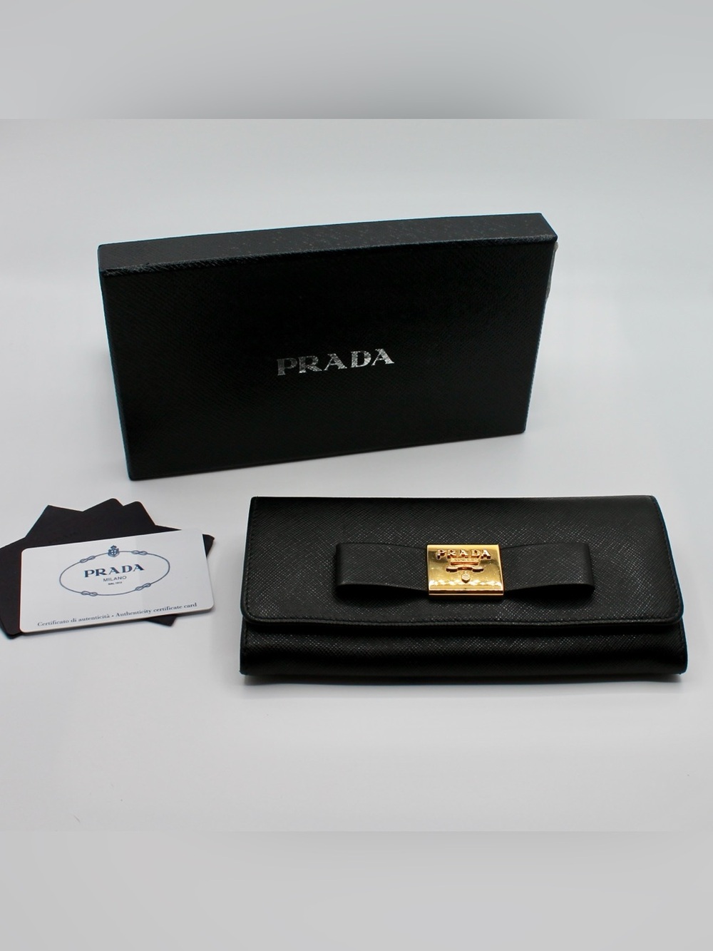 Prada Black Saffiano Fiocco Leather Bow Continental Wallet Box Card